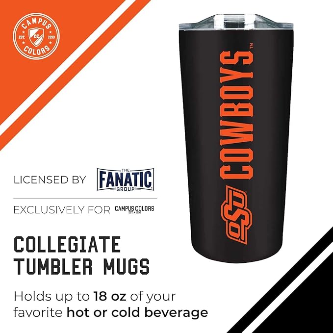 Campus Colors NCAA Stainless Steel Tumbler perfect for Gameday - 18 oz - Double Walled - Keeps Drinks Perfectly Insulated (Oklahoma State Cowboys - Black)