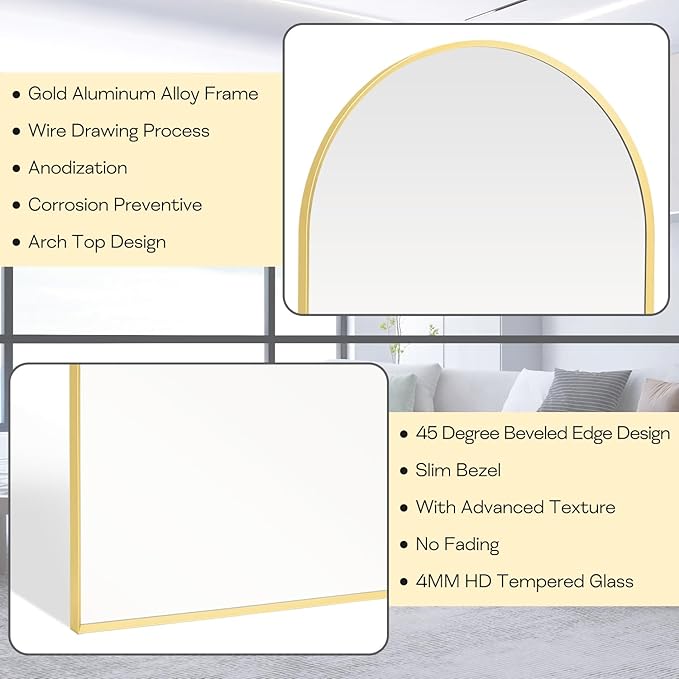 20" x 30" Gold Arched Mirror, Arch Bathroom Vanity Wall Mirror, Modern Aluminum - Image 3