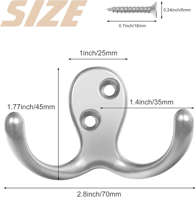 Homanu 10 Pack Coat Hooks, Heavy Duty Double Prong Coat Hooks Wall Mounted - Image 5
