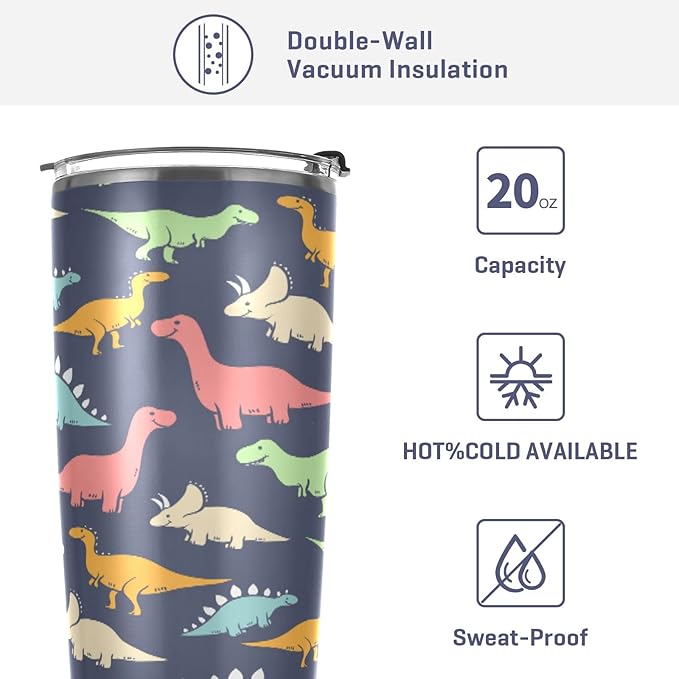 Tumbler Stainless Steel Vacuum Insulated Cup Double Walled, Simple Thermos Colorful Dinosaur Pattern Travel Mug for Coffee, Beverages, Tea with Straw and Lid