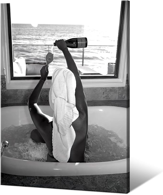 Trendy Black and White Posters Funny Woman Drinking Wine in Bathtub Wall Art by Acqooeakt