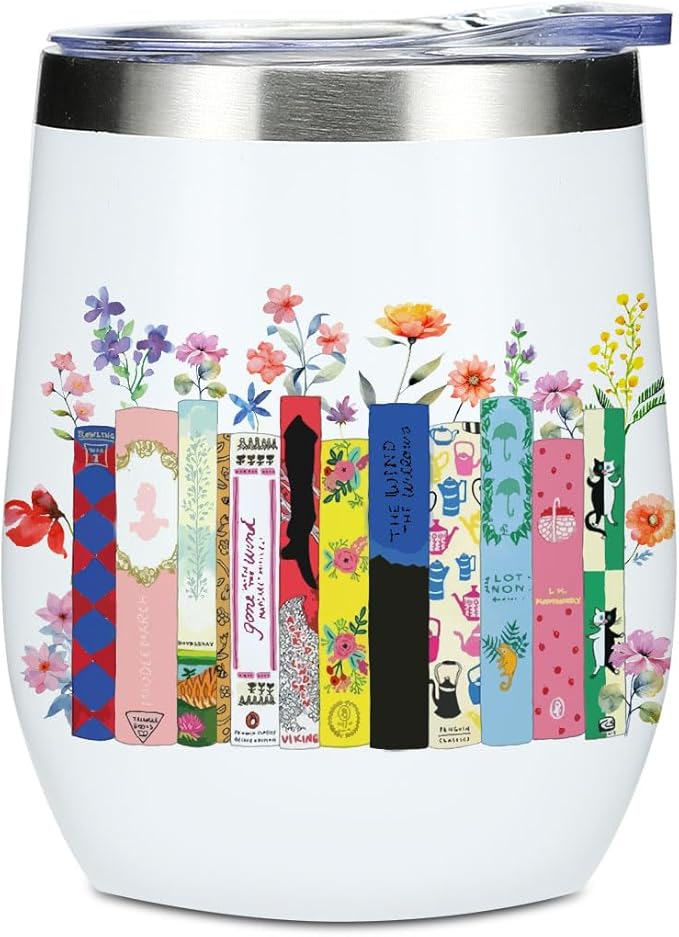 Wine Tumbler, 12 oz Coffee Mug Travel Insulated Cup Vacuum Wine Glass with Lid, Book Lovers Gifts Birthday Christmas Reading Book Accessories Bookish Librarian Gifts for Women Girls Teacher Therapist