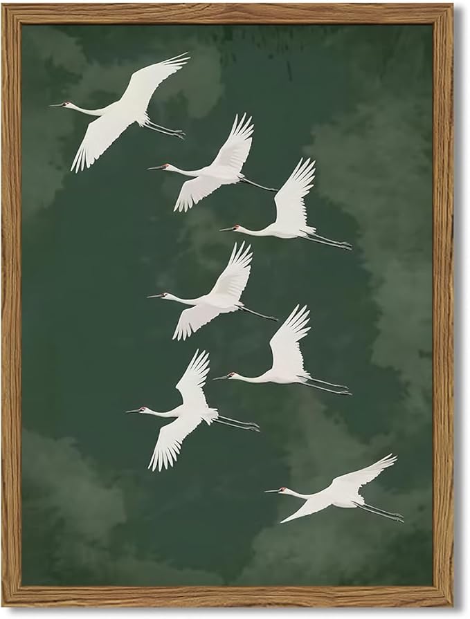 Framed Japanese Flying Cranes Wall Art, Vintage Bird Pictures Wall Decor by Unknown