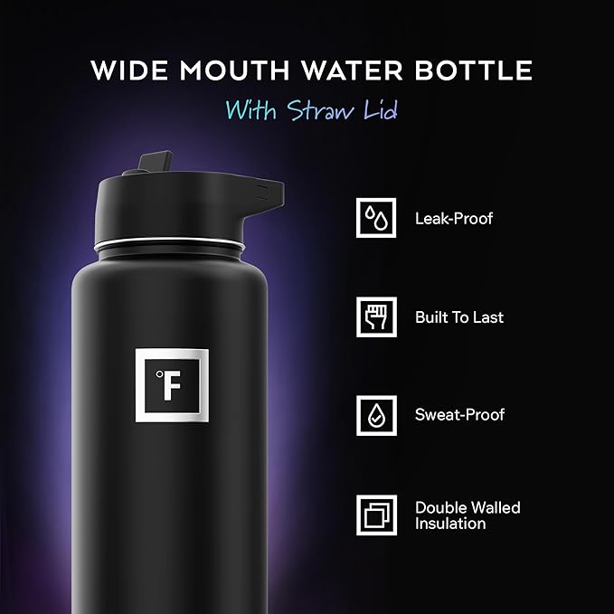 IRON °FLASK Camping & Hiking Hydration Flask with Straw, Wide Mouth Insulated Stainless Steel Sports Water Bottle - 40 oz Black Marquina