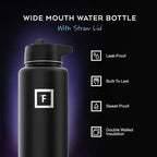 IRON °FLASK Camping & Hiking Hydration Flask with Straw, Wide Mouth Insulated Stainless Steel Sports Water Bottle - 40 oz Midnight Black