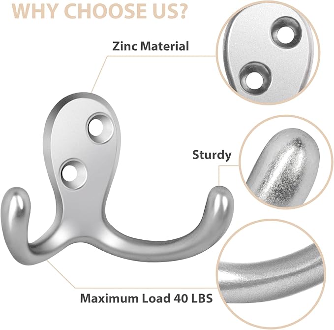 Homanu 10 Pack Coat Hooks, Heavy Duty Double Prong Coat Hooks Wall Mounted - Image 4