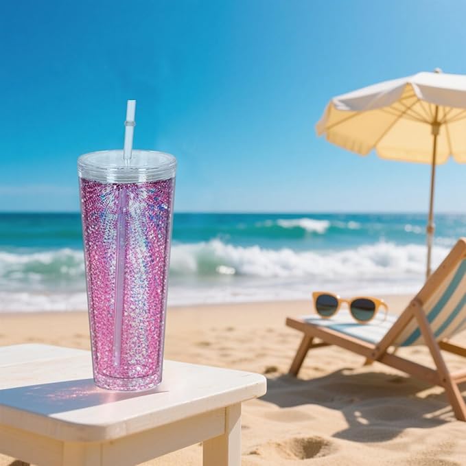 24oz Snow Globe Tumbler, 25pack Plastic Snowglobe Cup with Colored Lids and Straws, Double Walled Glass Mug Bulk, Pre Drilled Glass Blank for Snow Globe Glitter, Individual Packaging