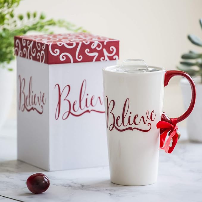 Topadorn Christmas Ceramic Mug Porcelain Coffee Cup with Tritan Lid and Box,17 oz Bell Decorated (Believe)