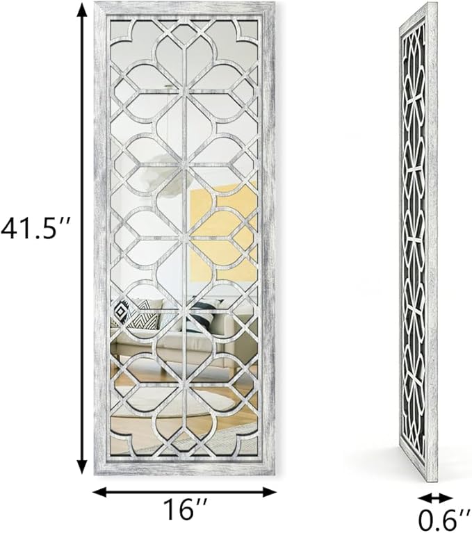 Set of 2 16x41.5 Inch Large Carved Floral Wood Frame Wall Mirrors, Shatterproof - Image 2