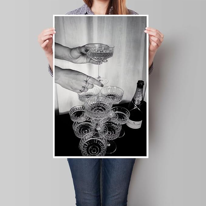 Vintage Champagne Glasses Posters Black and White Wall Art Trendy Wine Decor - Image 3