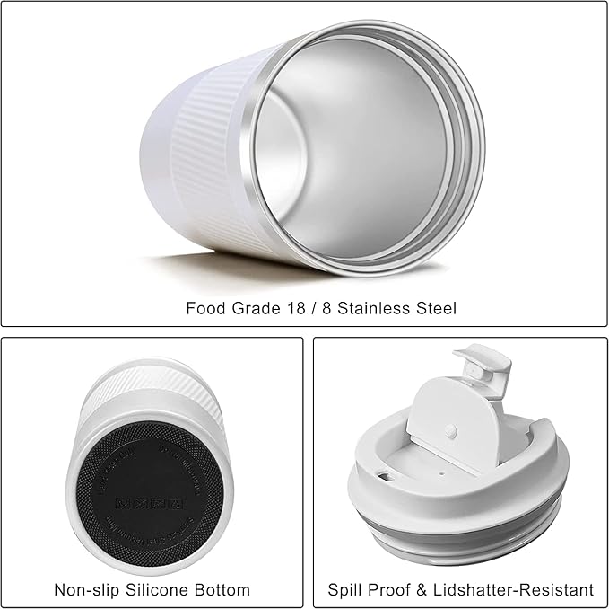 12oz Travel Coffee Mug Spill Proof, Insulated Coffee Mug with Lid, Leakproof Coffee Tumbler,Stainless Steel Vacuum Coffee Cup for Hot/Cold Drinks, Reusable Coffee Cup for Men Women -380ml,White