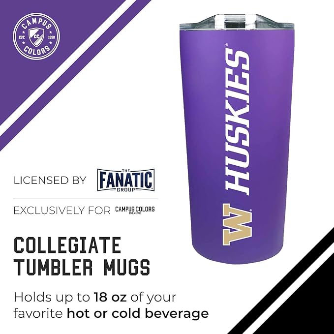 Campus Colors NCAA Stainless Steel Tumbler perfect for Gameday - 18 oz - Double Walled - Keeps Drinks Perfectly Insulated (Washington Huskies - Purple)