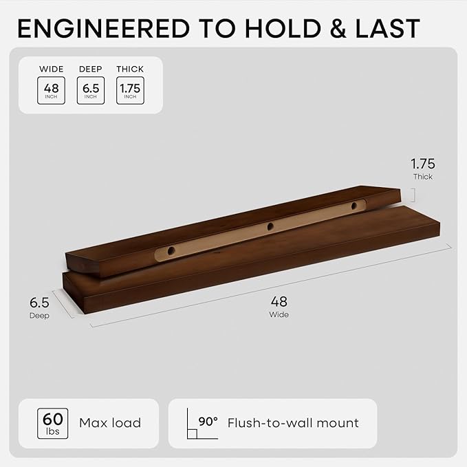 Homeforia 48 inch Walnut Floating Shelf, High End Solid Real Wood Large 48inch - Image 2