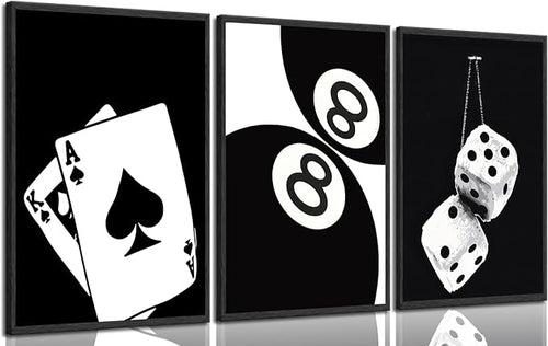 3Pcs Black and White Poker Dice Canvas Wall Art Lucky You Poster Prints Trendy by bokpen