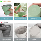 TakeToday Collapsible Travel Cup - Silicone Foldable Water Cup, BPA-Free with Lid & Waterproof Bag - Drinking Cup Set for Office, Camping & International Travel（8 Oz, Green）
