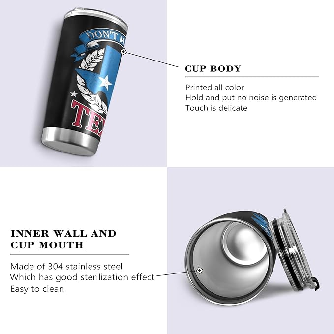 Tumbler Stainless Steel Vacuum Insulated Cup Double Walled, Simple Thermos Don't Mess with Texas State Travel Mug for Coffee, Beverages, Tea with Straw and Lid