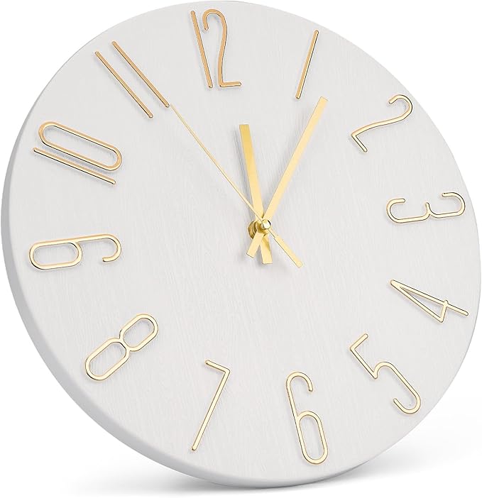 Wall Clock 12 Inch Silent Non-Ticking Imitation Wood Indoor Clock Round White - Image 2
