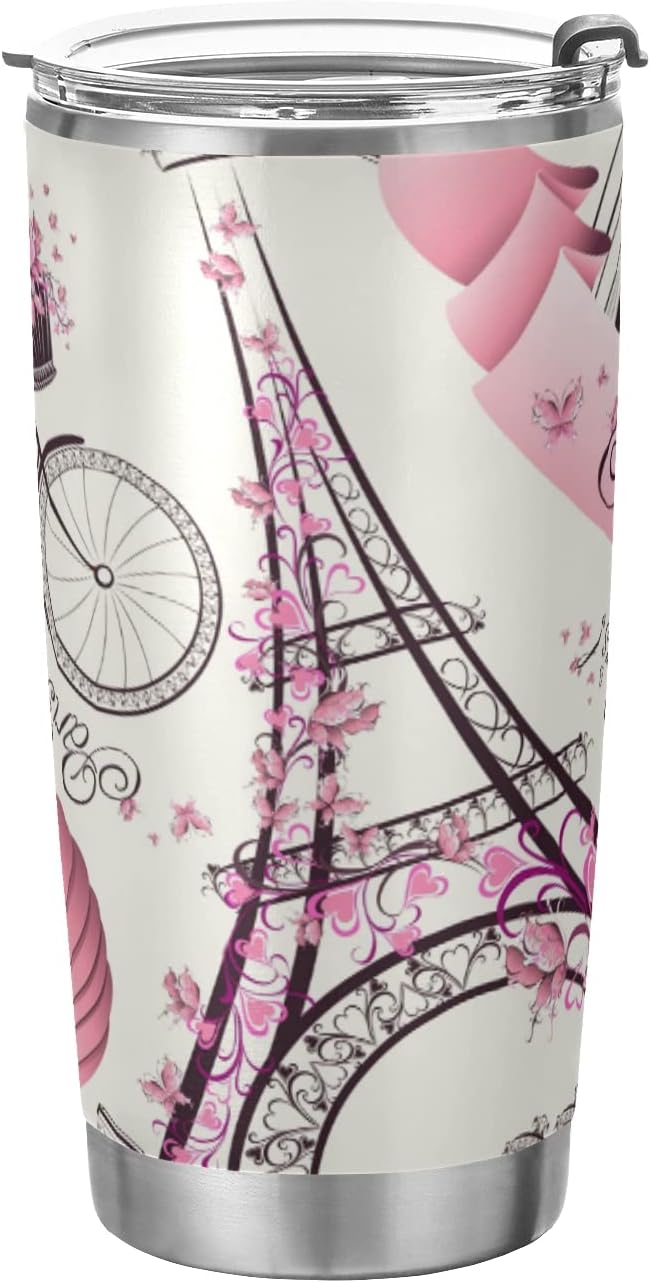 xigua 20oz Tumbler with Lid and Straw, Stainless Steel Vacuum Insulated Water Coffee Tumbler Cup, Paris Eiffel Tower Flower Travel Mug Thermal Cup for Hot and Cold Drinks