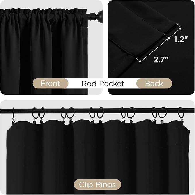 CUCRAF Black Blackout Curtains 63 inch Length 2 Panels Set, Rod Pocket Room - Image 3