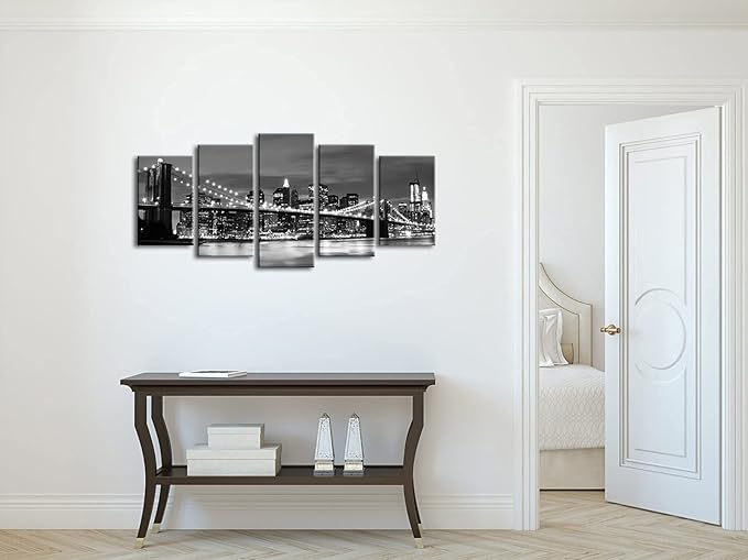 Wieco Art New York Brooklyn Bridge Canvas Wall Art Night View 5 Panels Modern - Image 8