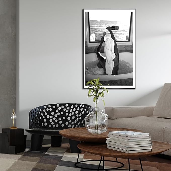 Trendy Black and White Poster Funny Woman Drinking Wine in Bathtub Wall Art - Image 4