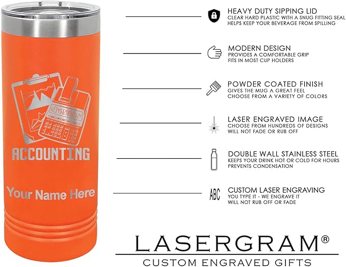LaserGram 22oz Vacuum Insulated Skinny Tumbler, Jet Airplane, Personalized Engraving Included (Orange)