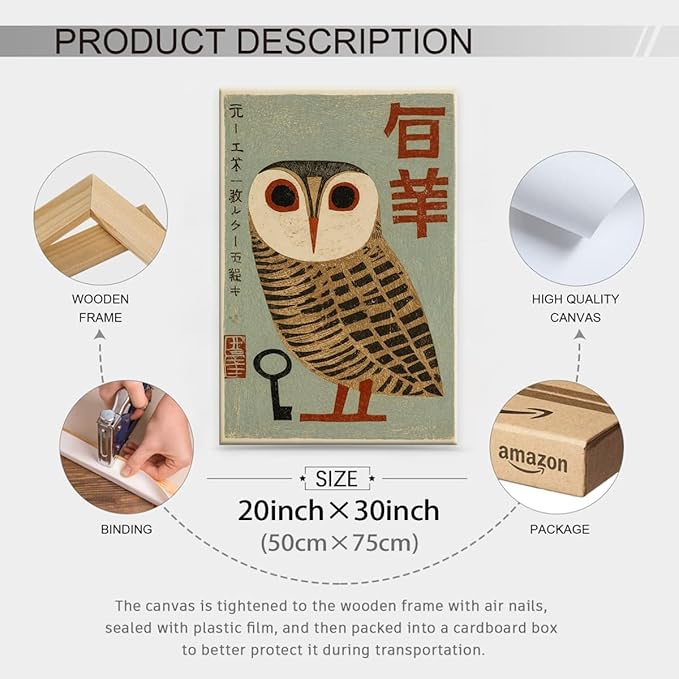 Vintage Japanese Framed Wall Art Owl Poster Mid Century Animal Print 20x30in - Image 2