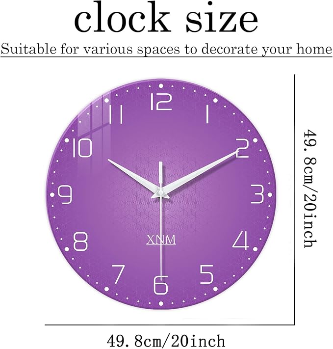 XNM Large Wall Clock for Girls Room 20 Inch Purple Clock Battery Operated Glass - Image 3