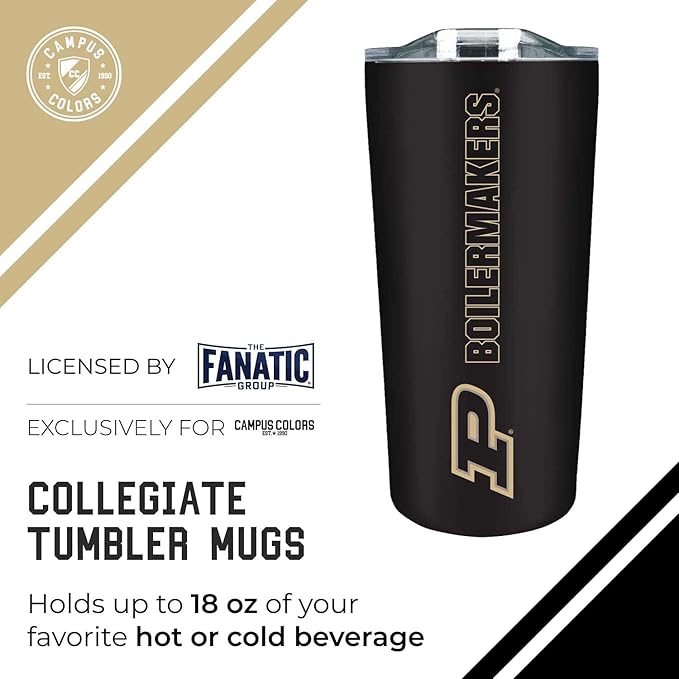 Campus Colors NCAA Stainless Steel Tumbler perfect for Gameday - 18 oz - Double Walled - Keeps Drinks Perfectly Insulated (Purdue Boilermakers - Black)