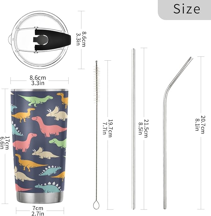 Tumbler Stainless Steel Vacuum Insulated Cup Double Walled, Simple Thermos Colorful Dinosaur Pattern Travel Mug for Coffee, Beverages, Tea with Straw and Lid