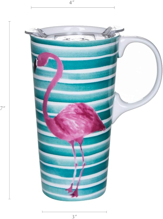 Topadorn Ceramic Travel Coffee Cup with Lid Ceramic Mug with Gift Box, Unique Coffee Mug for Latte & Hot Chocolate, Holiday Office Gift Her Him, Flamingo