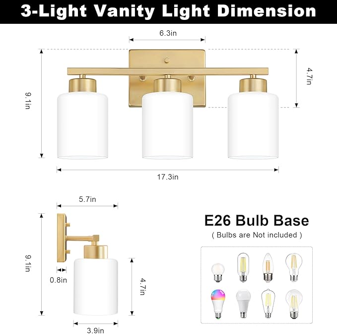 FonmYim Gold Bathroom Light Fixtures, 3-Light Modern Vanity Light Over Mirror - Image 2