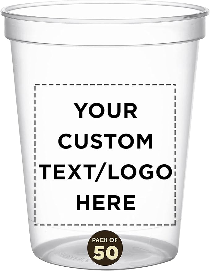 DISCOUNT PROMOS Custom Plastic Stadium Cups 16 oz. Set of 50, Personalized Bulk Pack - Perfect for Birthdays, Weddings, Picnic, Beach, Parties - Clear