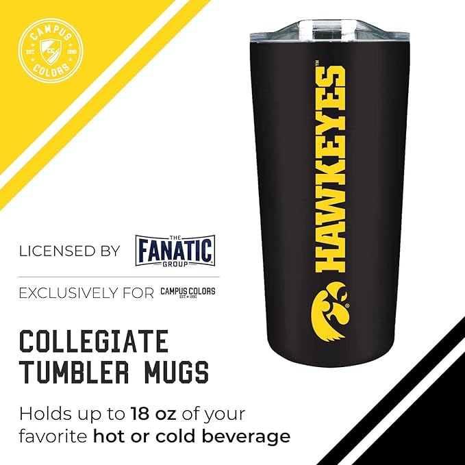 Campus Colors NCAA Stainless Steel Tumbler perfect for Gameday - 18 oz - Double Walled - Keeps Drinks Perfectly Insulated (Iowa Hawkeyes - Black)