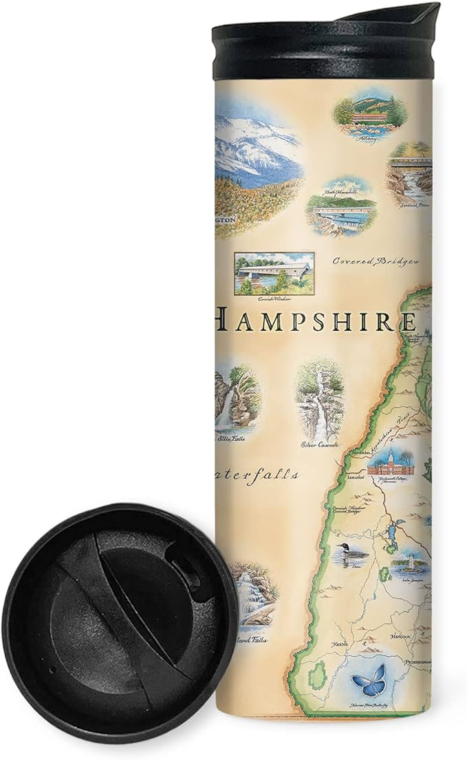 Xplorer Maps New Hampshire Map 16 Oz Travel Drinkware with Spill-Resistant Lid - Stainless Steel Vacuum Insulated Coffee Tumbler