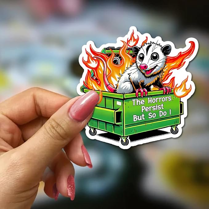The Horrors Persist But So Do I Sticker 3Pcs Funny Opossum Possum Sarcastic Sticker Vinyl Waterproof Decals for Notebook, Tumbler, Laptop and Water Bottle (Opossum Horrors)
