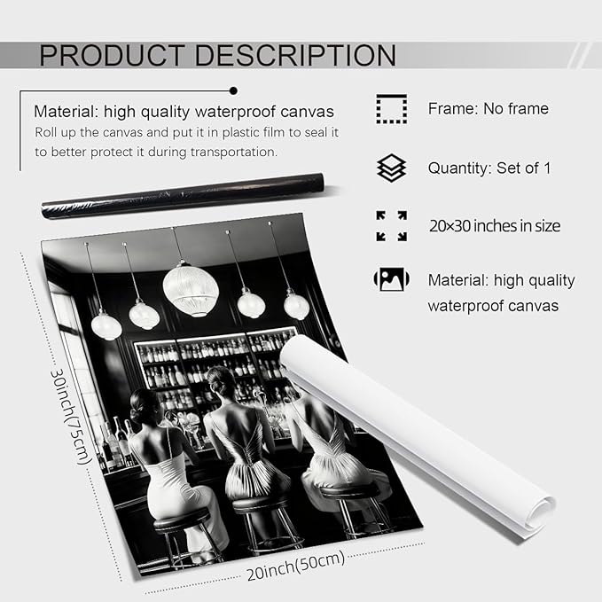 Vintage Black and White Canvas Wall Art Trendy Women Drink Cocktail Posters - Image 2