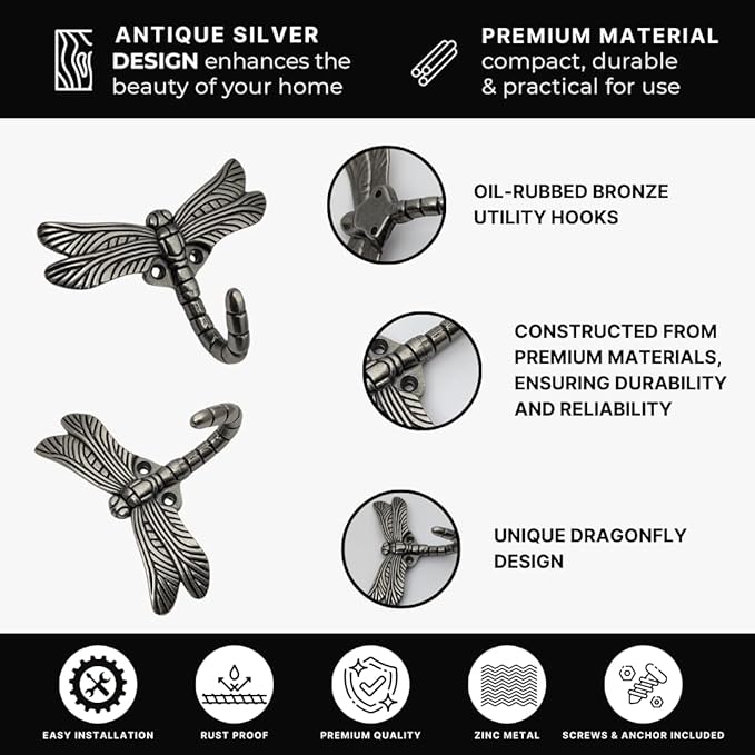 12 pcs Antique Silver Dragonfly Decorative Wall Hooks - Image 5