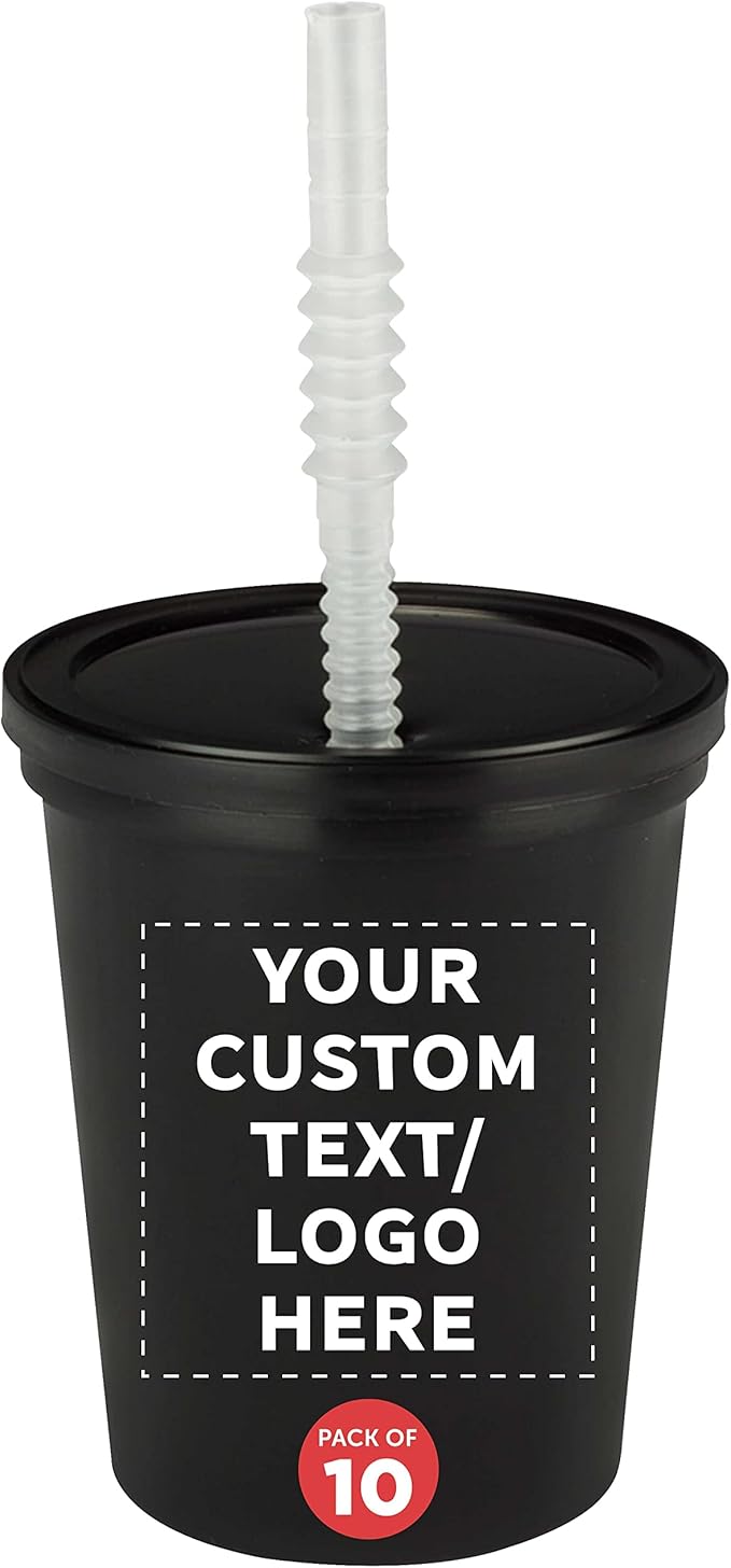 Custom Reusable Plastic Cups with Lid and Straw 16 oz. Set of 10, Personalized Bulk Pack - Perfect for Birthdays, Weddings, Picnic, Beach, Parties - Black