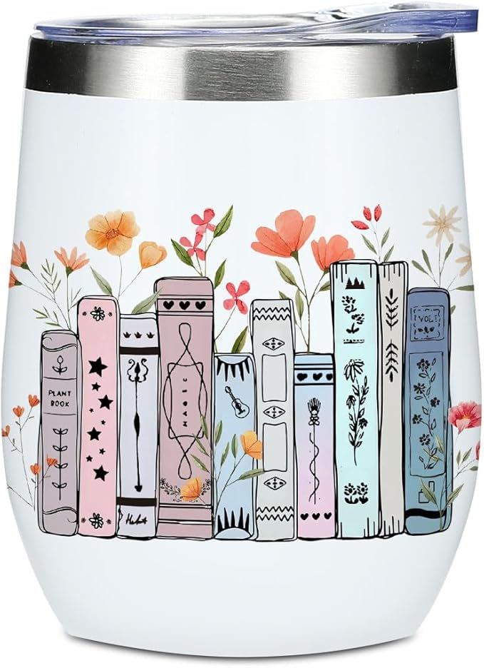 Wine Tumbler, 12 oz Coffee Mug Travel Insulated Cup Vacuum Wine Glass with Lid, Book Lovers Gifts Birthday Christmas Graduation Reading Book Accessories Bookish Librarian Gifts for Women Nurse Her