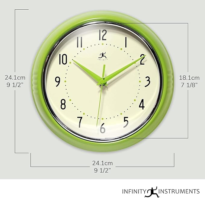 Infinity Instruments Retro Round Metal Wall Clock, Olive Green 9.5" - Image 2