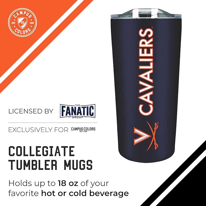 Campus Colors NCAA Stainless Steel Tumbler perfect for Gameday - 18 oz - Double Walled - Keeps Drinks Perfectly Insulated (Virginia Cavaliers - Navy)