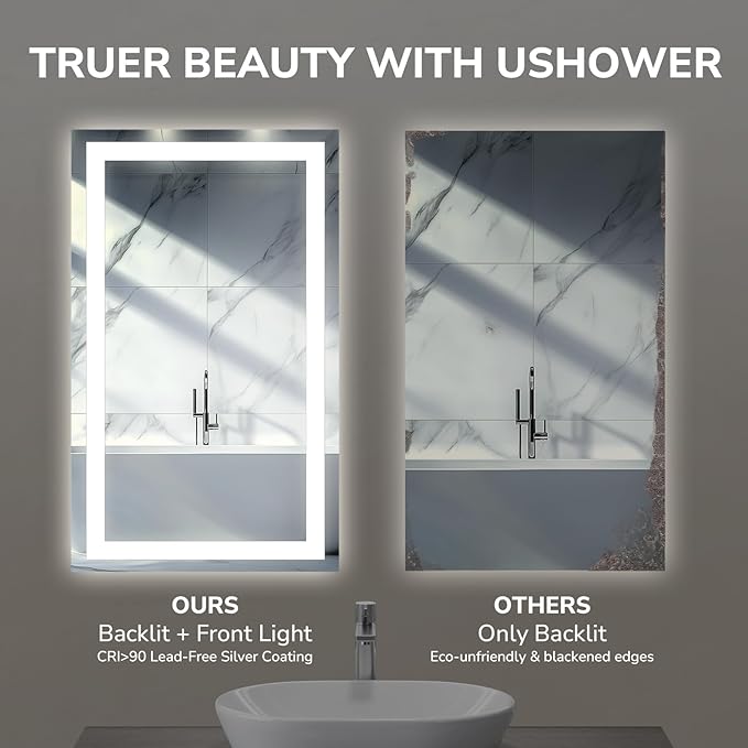 USHOWER LED Bathroom Mirror 28x36 Inch Tempered Glass - Image 3