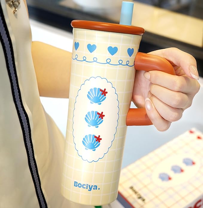 ZZT 26 oz Insulated Tumbler with Telescopic Straw and Dust Lid, Cute Animal And Sea Shell Stainless Steel School Travel Working With Dust Cap,Great Gifts for Women & Girls (Sea Shell)