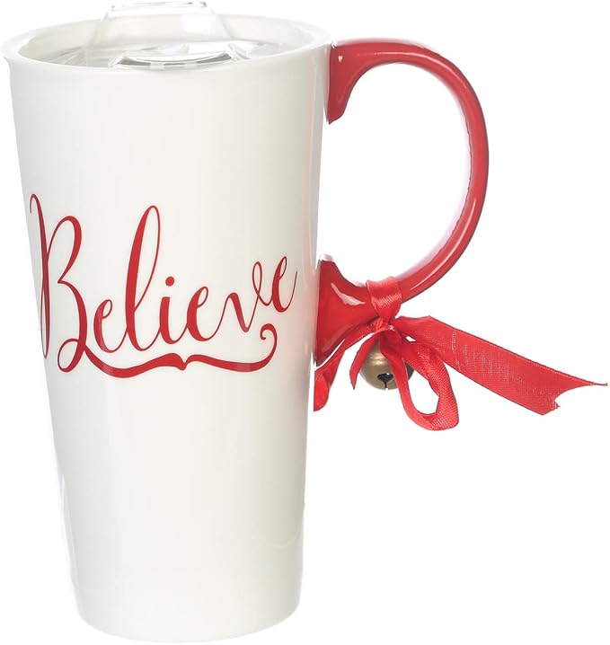 Topadorn Christmas Ceramic Mug Porcelain Coffee Cup with Tritan Lid and Box,17 oz Bell Decorated (Believe)