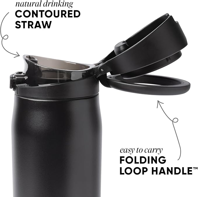 Simple Modern Mesa Loop Water Bottle with Covered Straw and Handle | 30oz Cup Holder Friendly Insulated Stainless Steel Bottles for Travel, Sports and School | Midnight Black