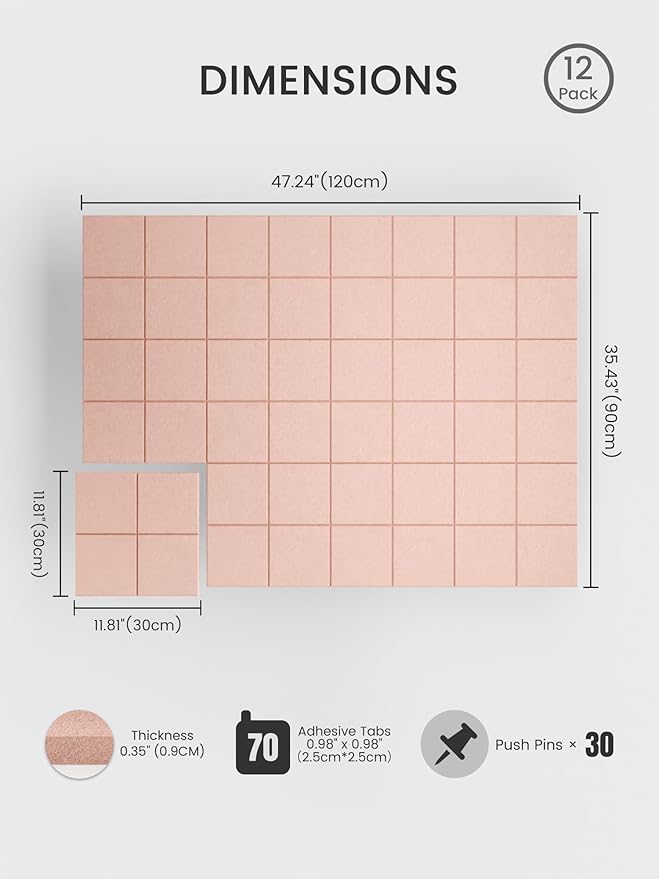 Bumusty Large Felt Bulletin Board, 30 Push Pins, 70 Adhesive Tabs - Image 2