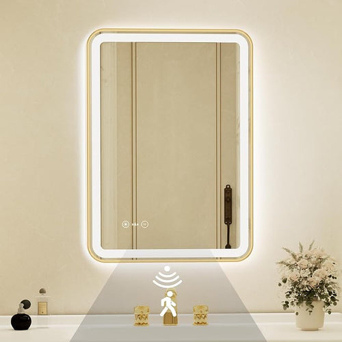 24x32 Inch Gold Framed LED Bathroom Mirror by Unknown