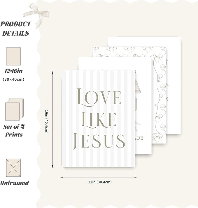 LARTSFRO Coquette Beige Bow Jesus Wall Art Decor Posters, Inspirational Bible - Image 2