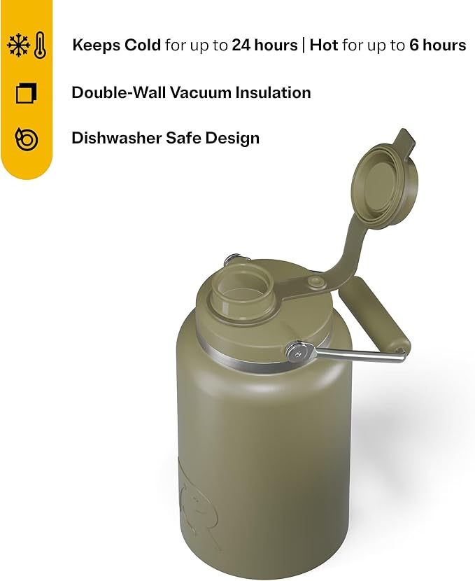 RTIC Half Gallon Outback Jug, Stainless Steel, Ceramic Lined Insulated Water Bottle with Lid and Handle, BPA-Free, Double Wall Vacuum Insulation, Olive